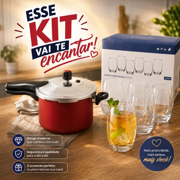 Kit Panela de Pressão 4,5L + Jogo 6 Copos de Vidro Havana 475ml Cozinha Completa