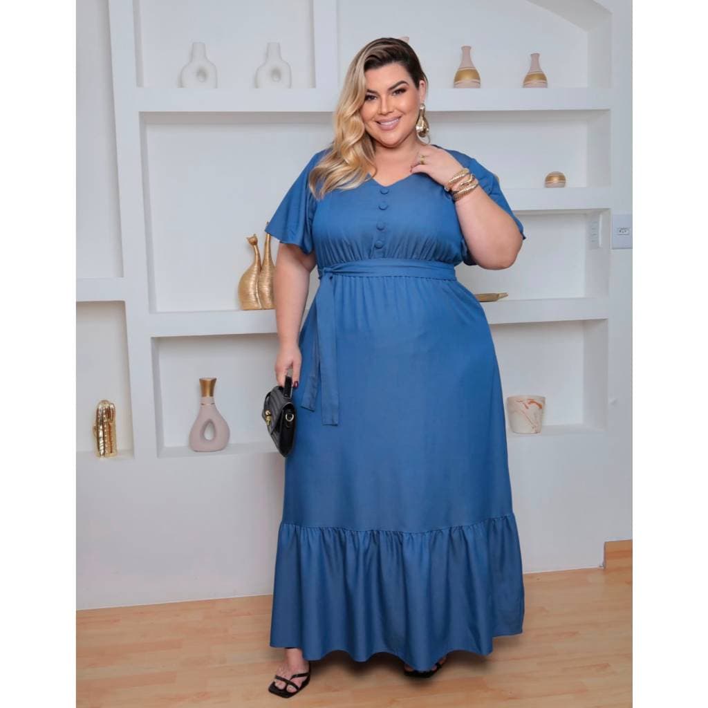 Vestido Longo Plus Size Feminino em Tencel com Cinto, Botões e Babados- Moda Evangélica, Casual Chic e Confortável