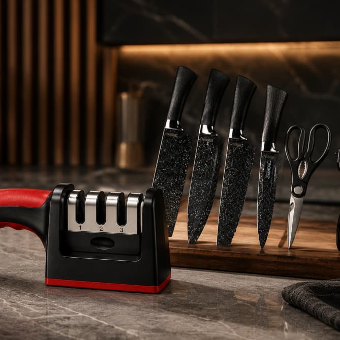Kit 6 Facas de Cozinha + Amolador Afiador – Completo e Prático
