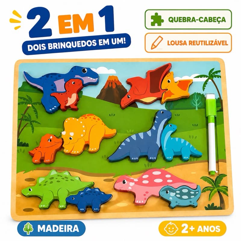 Quebra-Cabeça Infantil Dinossauro Madeira 2 em 1 | Lousa Mágica