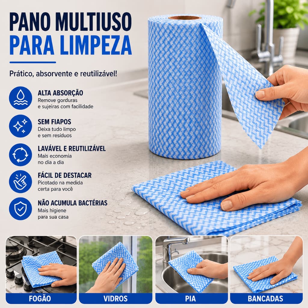 Rolo de Pano Multiuso para Limpeza Geral Tipo Perfex Super Absorvente Reutilizável