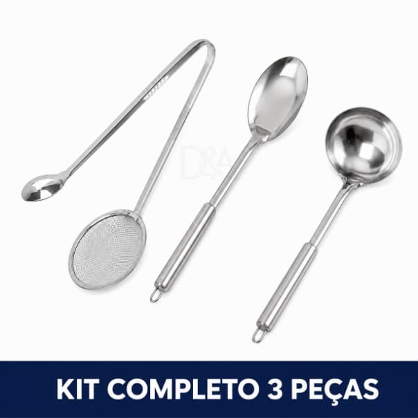 Kit Escumadeira Para Fritura Com Pegador 2 em 1 Concha Colher Inox Pastel Batata Frita