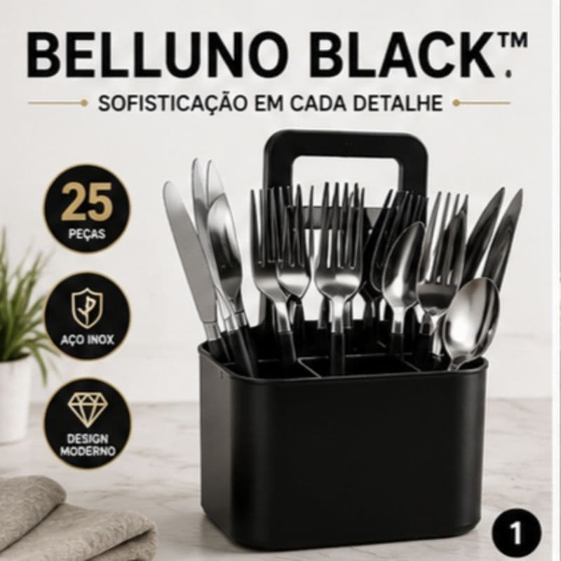 Belluno Black™ Conjunto Talheres Inox Preto 25 Peças com Porta-Talheres | Faqueiro Moderno para Mesa Posta