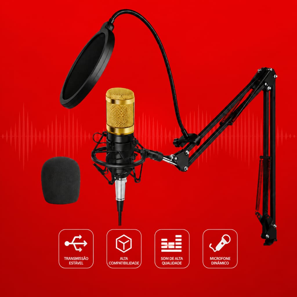 Kit Microfone Condensador Profissional Tomate MT-1026 Completo Com Braço Articulado E Pop Filter
