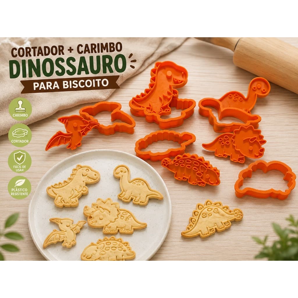Kit 6 Cortadores + Carimbos de Dinossauro para Biscoito
