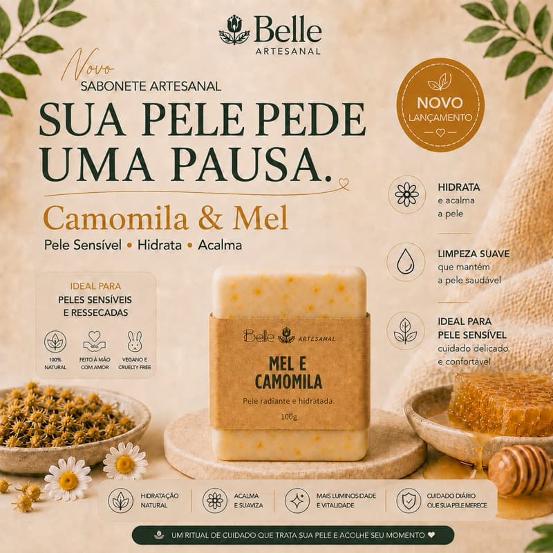 Sabonete Facial para Pele Sensível e Seca | Limpeza Suave e Hidratação | Camomila e Mel