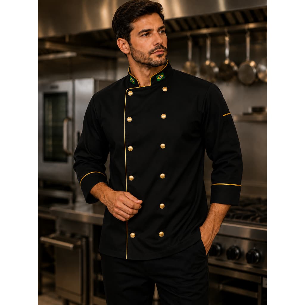 Dólmã Imperial Chef em Gabardine Preto Premium | Bordado Incluso | Manga 3/8 | Botão de Pressão