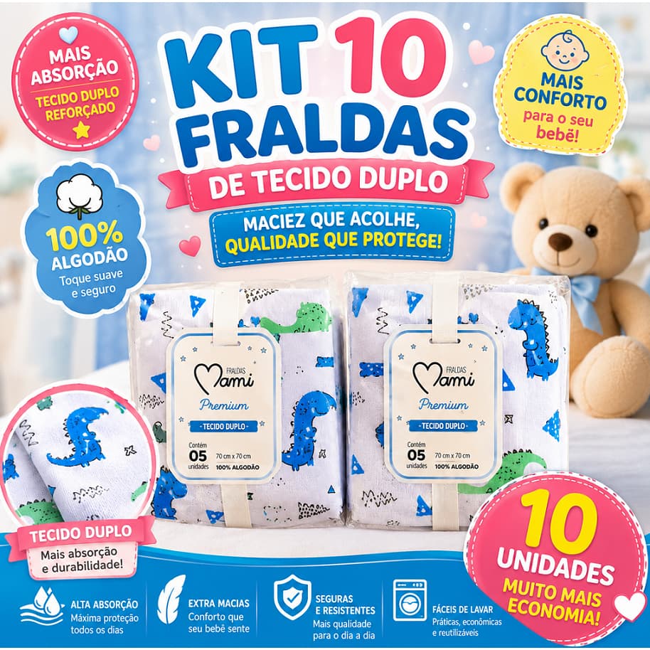 Kit 10 Fraldas Estampadas para bebê pano de ombro 100% algodão enxoval