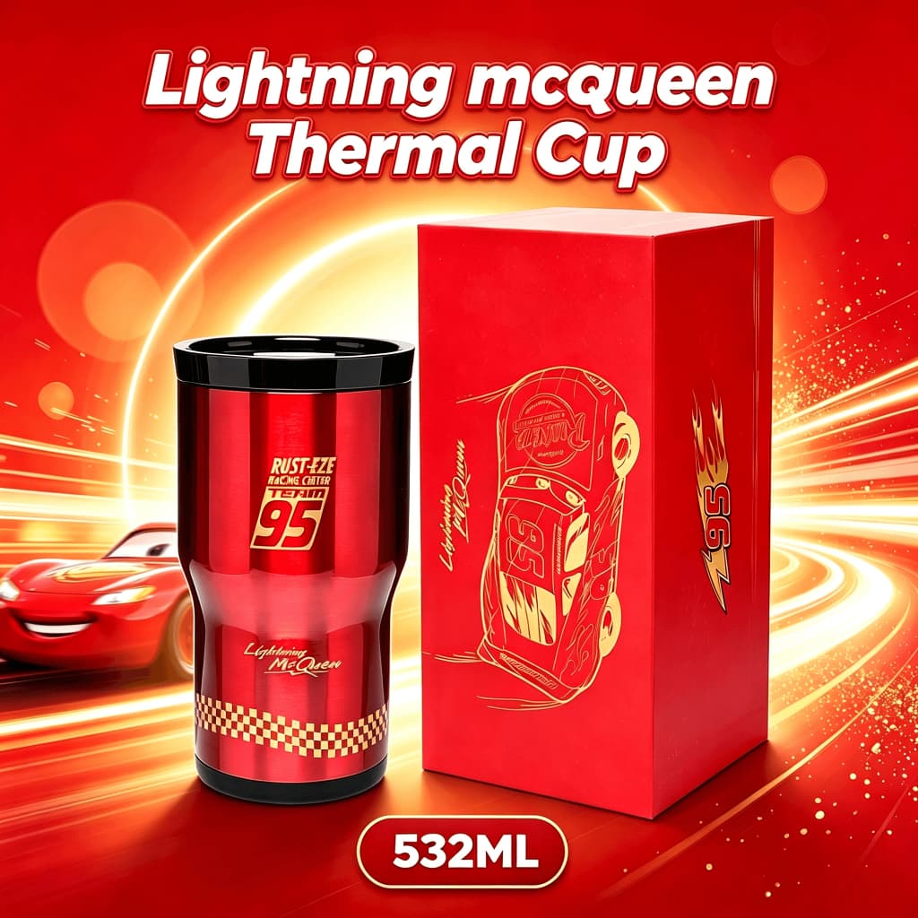 Copo Térmico Relâmpago Mcqueen 532ML Inox Resistente com Canudo - Bebidas Quentes ou Frias Original Disney
