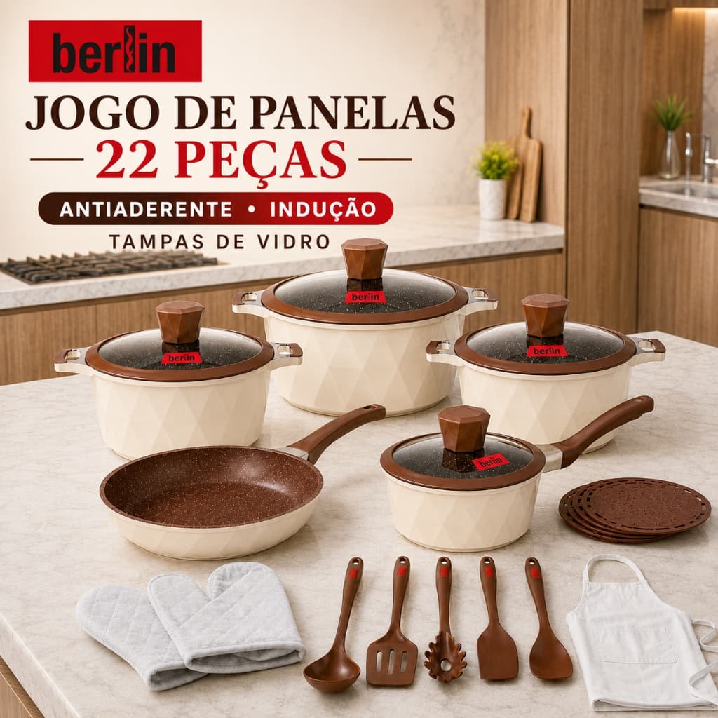 Berlin Jogo de Panelas Antiaderente Indução Cerâmica 22 Peças Conjunto De Panelas Com Tampa de Vidro Premium Berlin