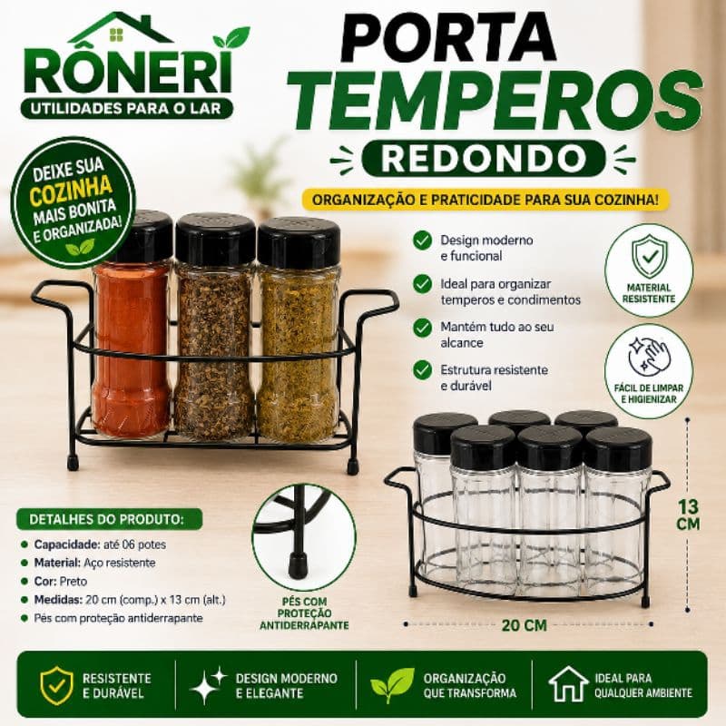 Porta Tempero Condimento 15 Potes 130ml Tampa Dupla Suporte Preto Organização Cozinha