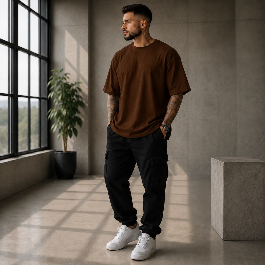 Camiseta Oversized Masculina Marrom 100% Algodão Premium