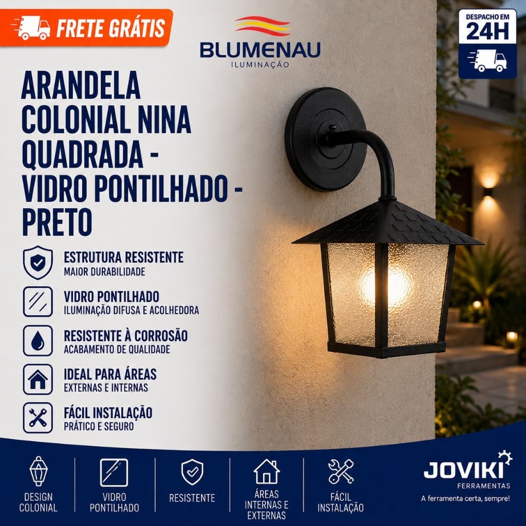 Luminária Arandela Colonial Nina Quadrada Preto - Blumenau