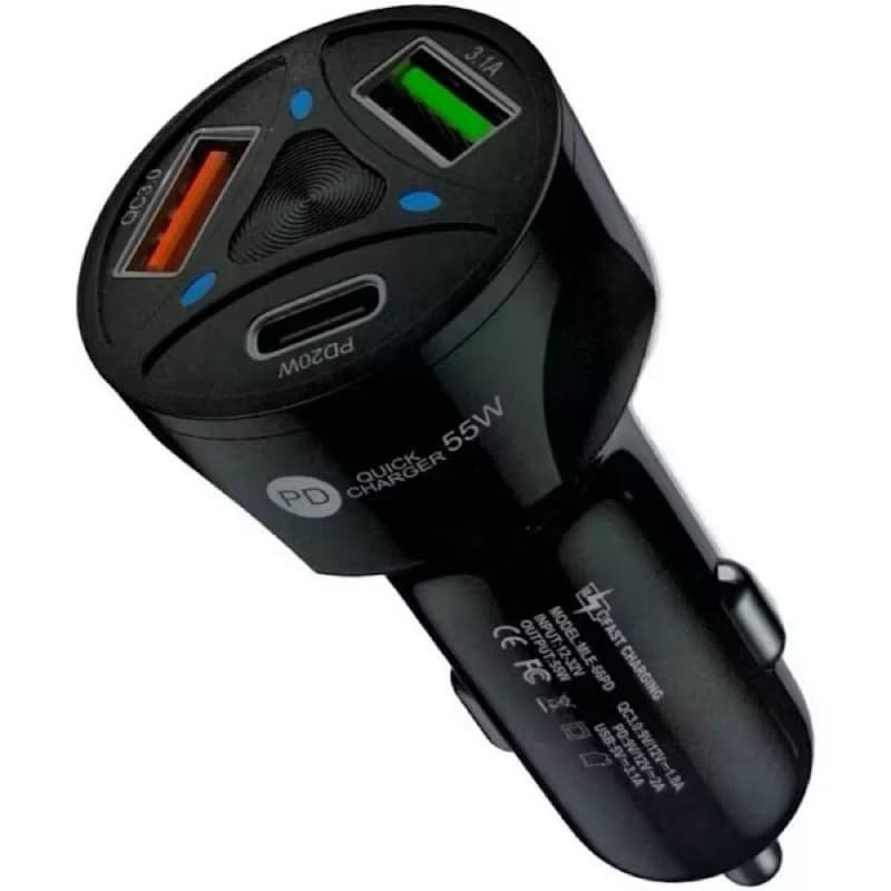 Carregador Veicular Turbo USB e Tipo-C Turbo 3 Portas Carregador Para Carros Turbo