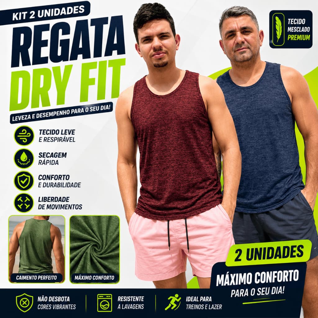 Kit 2 Regata Masculina DRYFIT Tecido Mesclado  Para Academia Corrida Treino Regata Esportiva Premium.