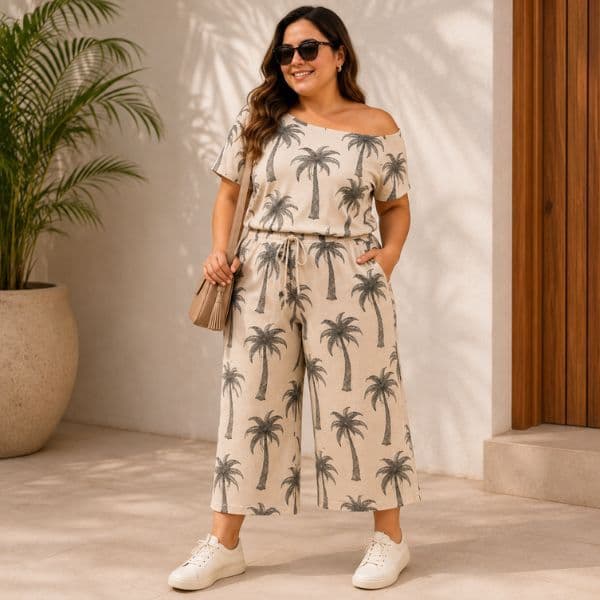 Conjunto Pantacourt Plus Size Feminino Estampado Casual Blusa Ombro a Ombro Calça Pantacourt Confortável Estiloso