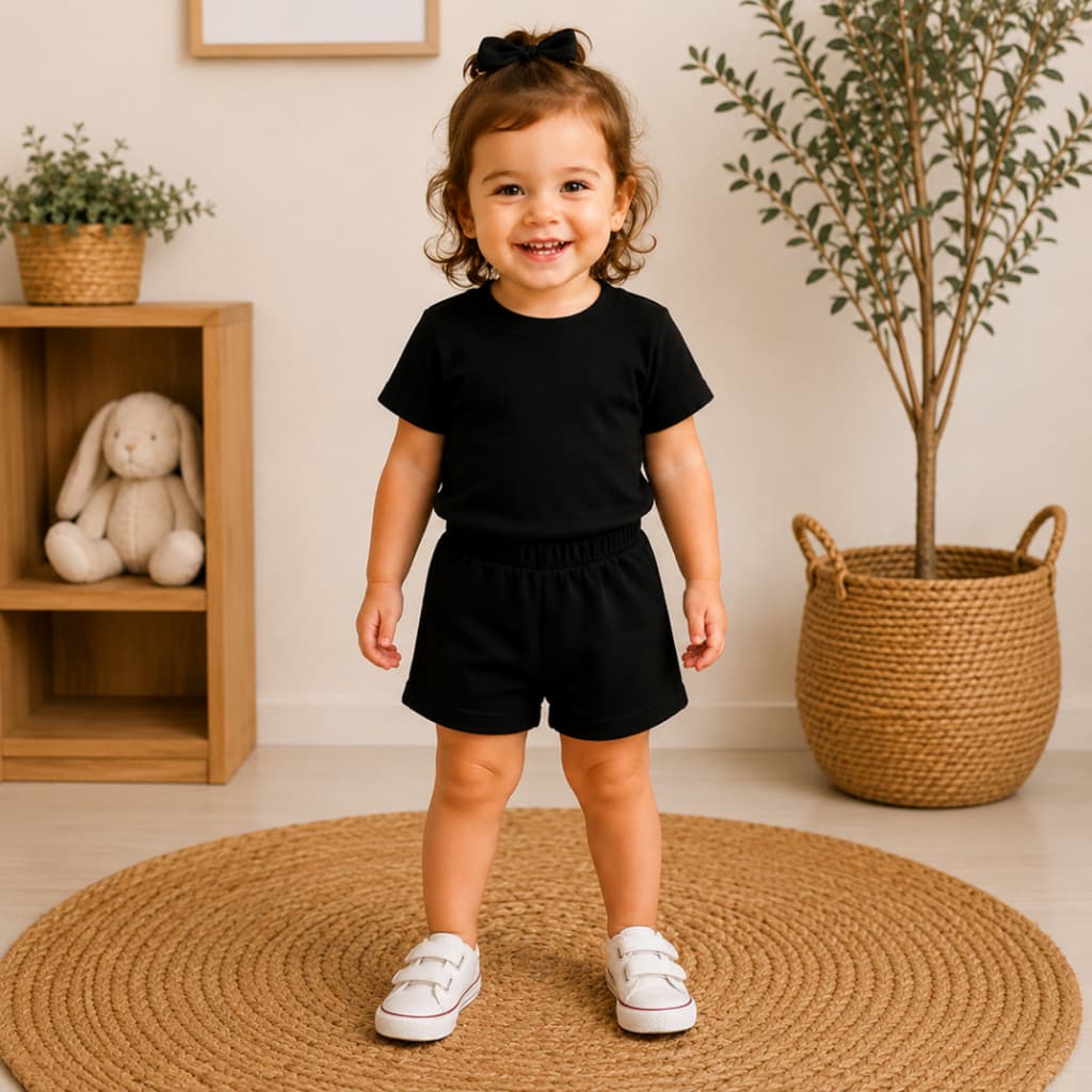 Conjunto Bebê Infantil Canelado Blusa Manga Curta e Bermuda Com Cós Malha Canelada