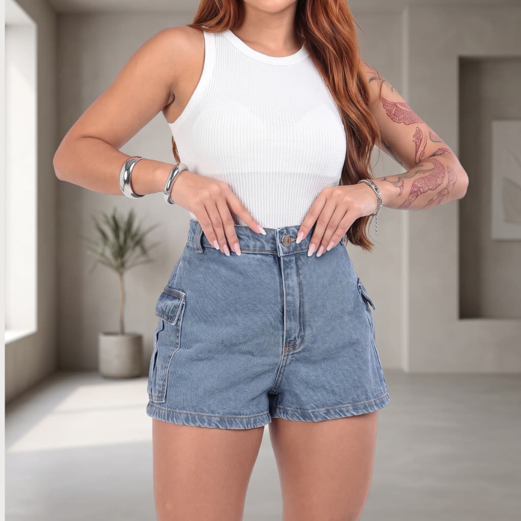 SHORT CARGO JEANS CASUAL FEMININO CÓS ALTO BOLSOS MODA VERÃO BLOGUEIRA FECHAMENTO COM BOTÃO E ZÍPER