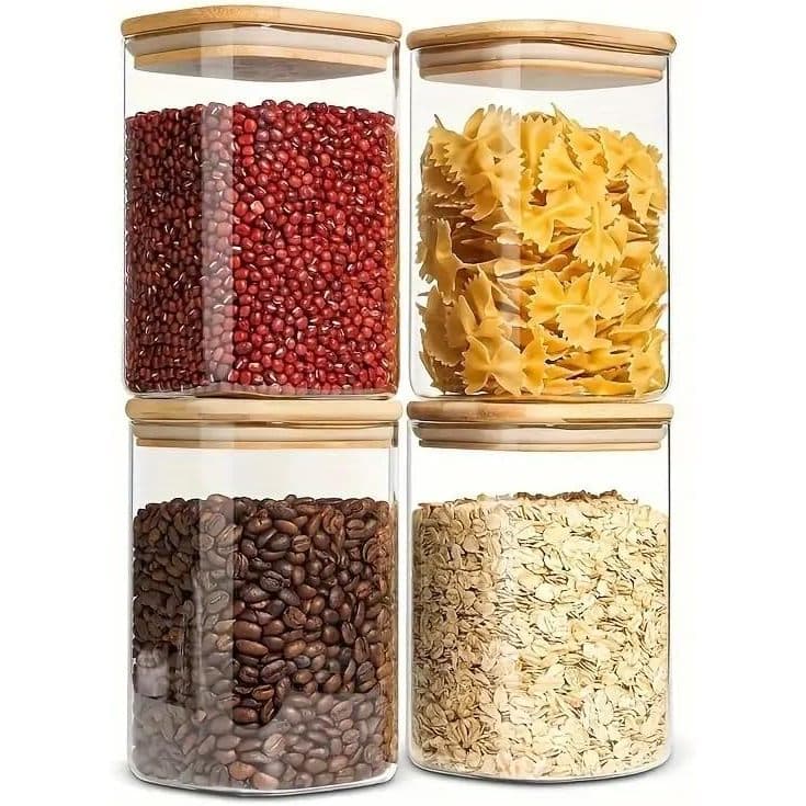 Kit 4 Potes de Vidro Hermético Quadrado 450ML com Tampa de Bambu Porta Condimento Mantimentos