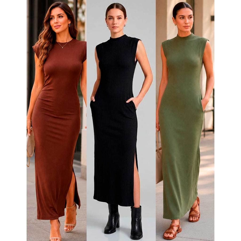Vestido Longo Fenda Lateral Midi Manga Muscle Canelada Longo Com Bolsos fundos