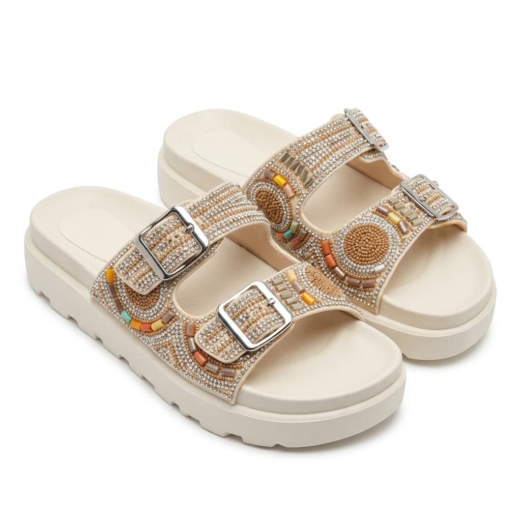 Tamanco Feminino Flatform com Strass, Pedrarias e Fivelas Ajustáveis Confortável