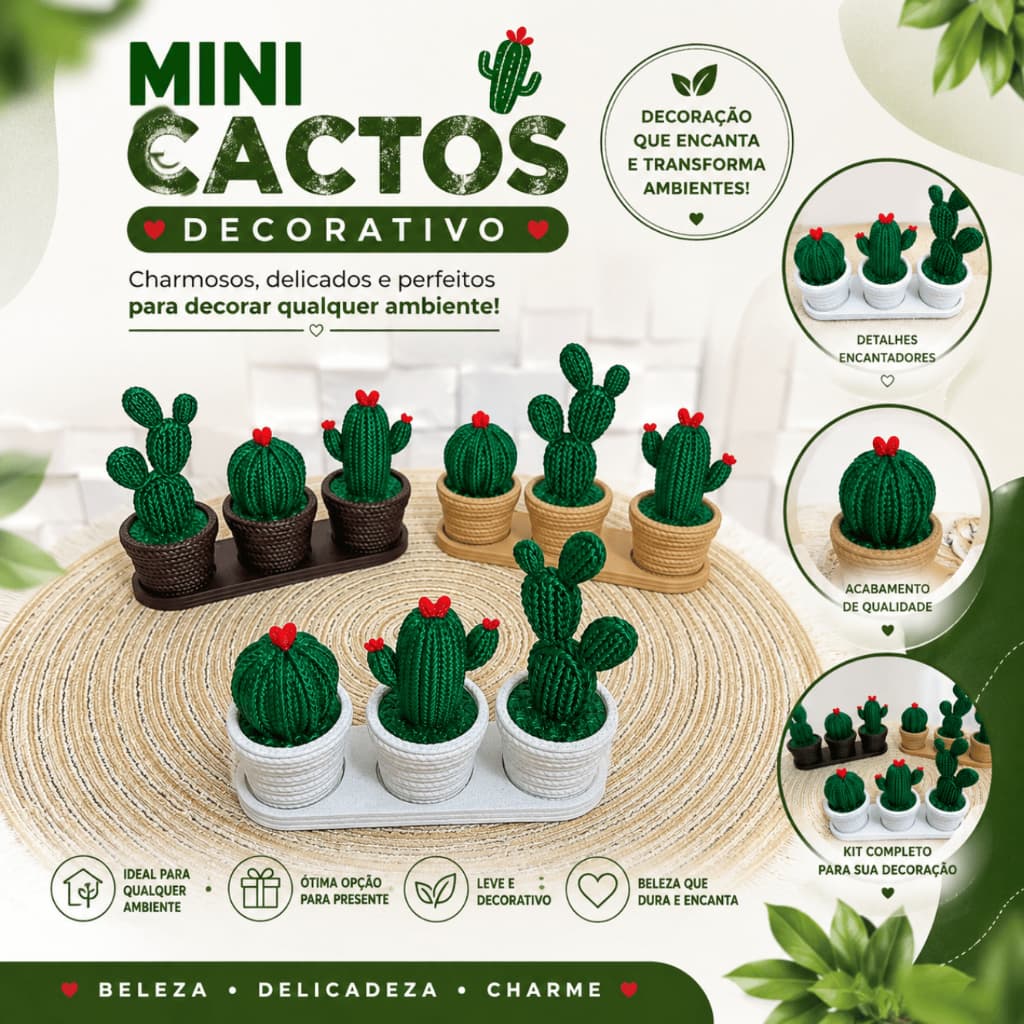 Kit 3 Mini Cactos Decorativos | 3 Vasos + Bandeja | Decoração Moderna para Casa e Escritório