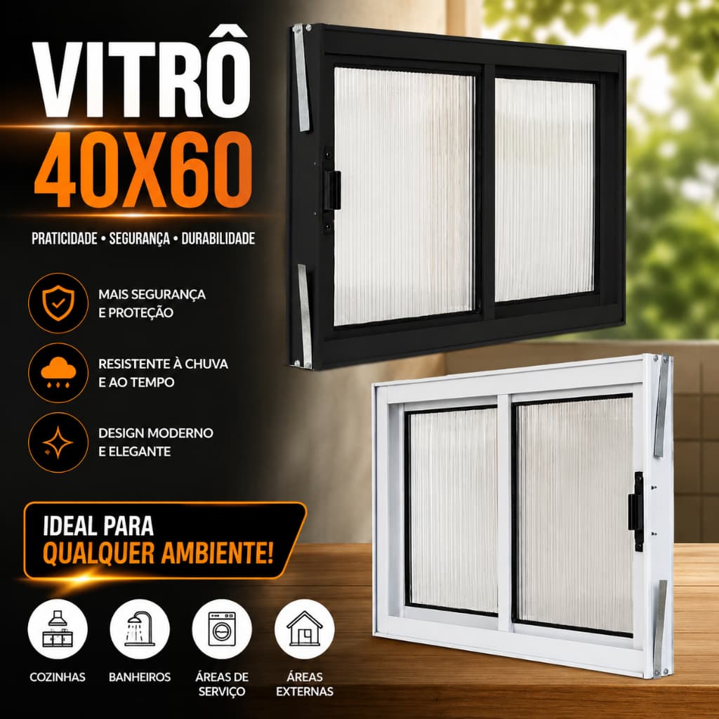 Vitrô 40x60 Alumínio 2 Folhas de Correr Janela Policarbonato Banheiro Cozinha Lavanderia