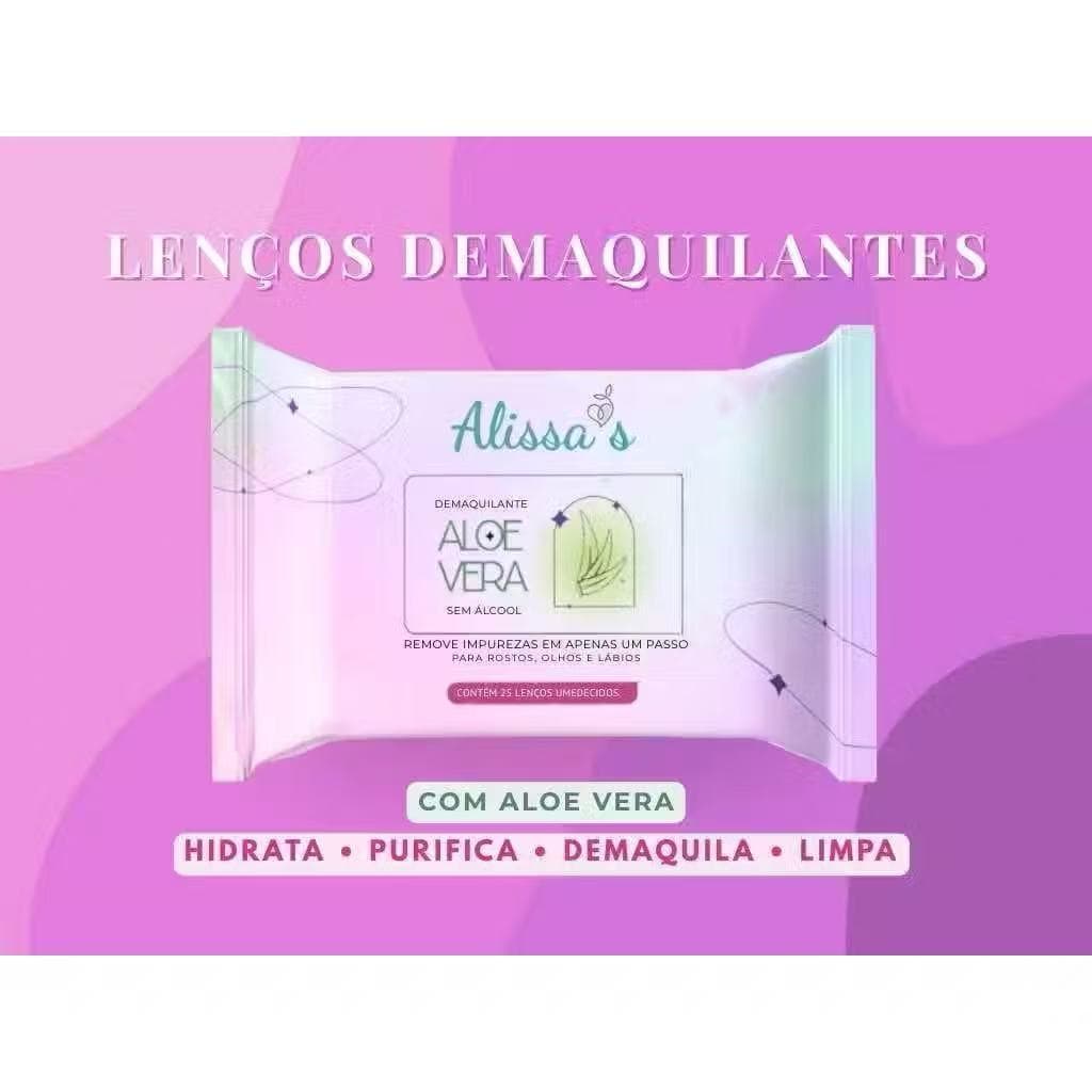 Alissa's Lenços Demaquilantes Aloe Vera 25 Unidades Sem Álcool para Rosto Olhos e Lábios com Extrato de Aloe Vera