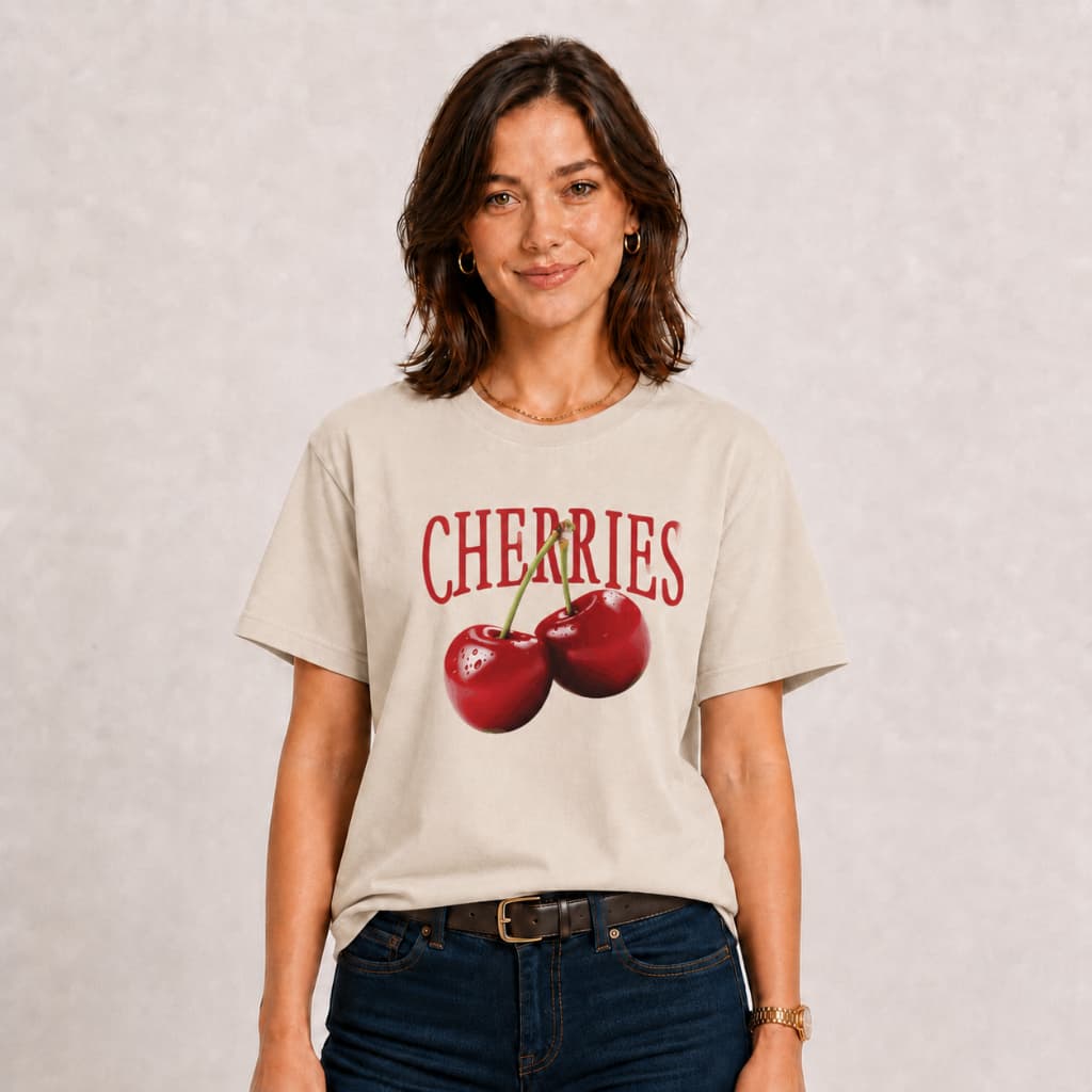 Camiseta Feminina T-shirt Estampada Cherries, 100% Algodão.