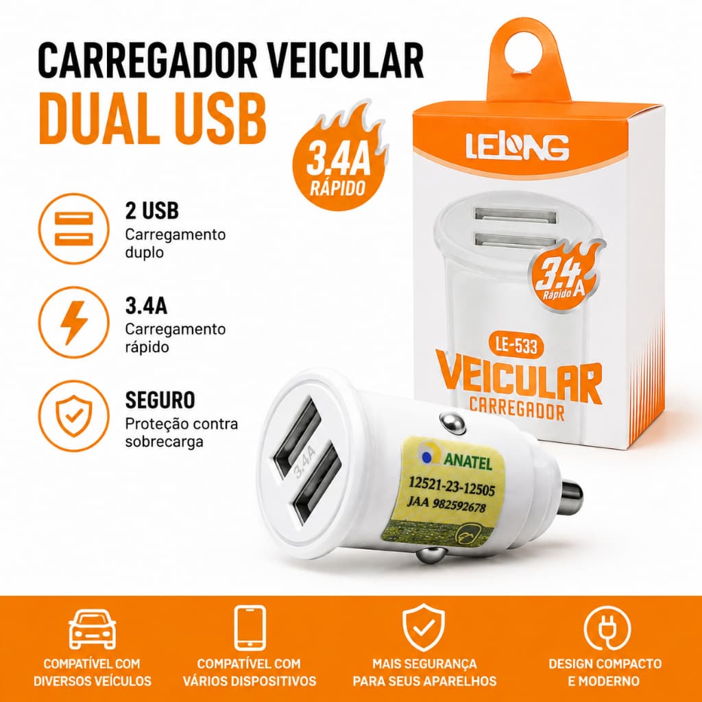 Carregador Veicular USB Duplo 3.4A Rápido Universal para Carro