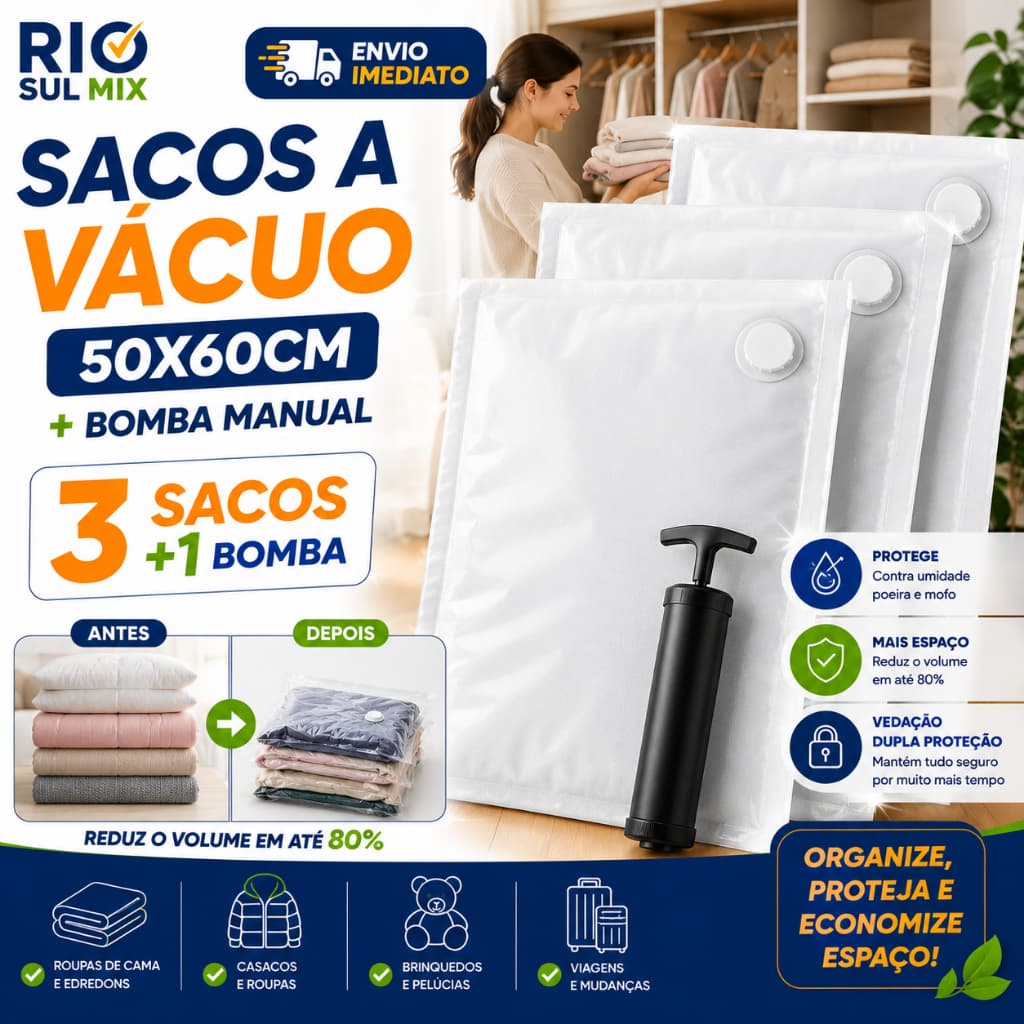 Kit 3 /6 Sacos a Vácuo Para Roupas Com Bomba Manual Organizador 50x60 Guarda Edredom Cobertor