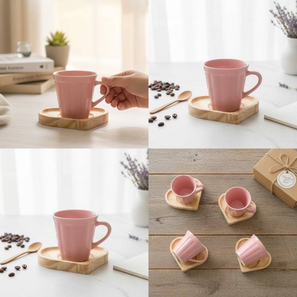 Kit 4 Xícaras de Café 140ml + 4 Pires de Madeira - Elegância e Envio Rápido, cozinha, decoração,jogo de xicaras,conjunto