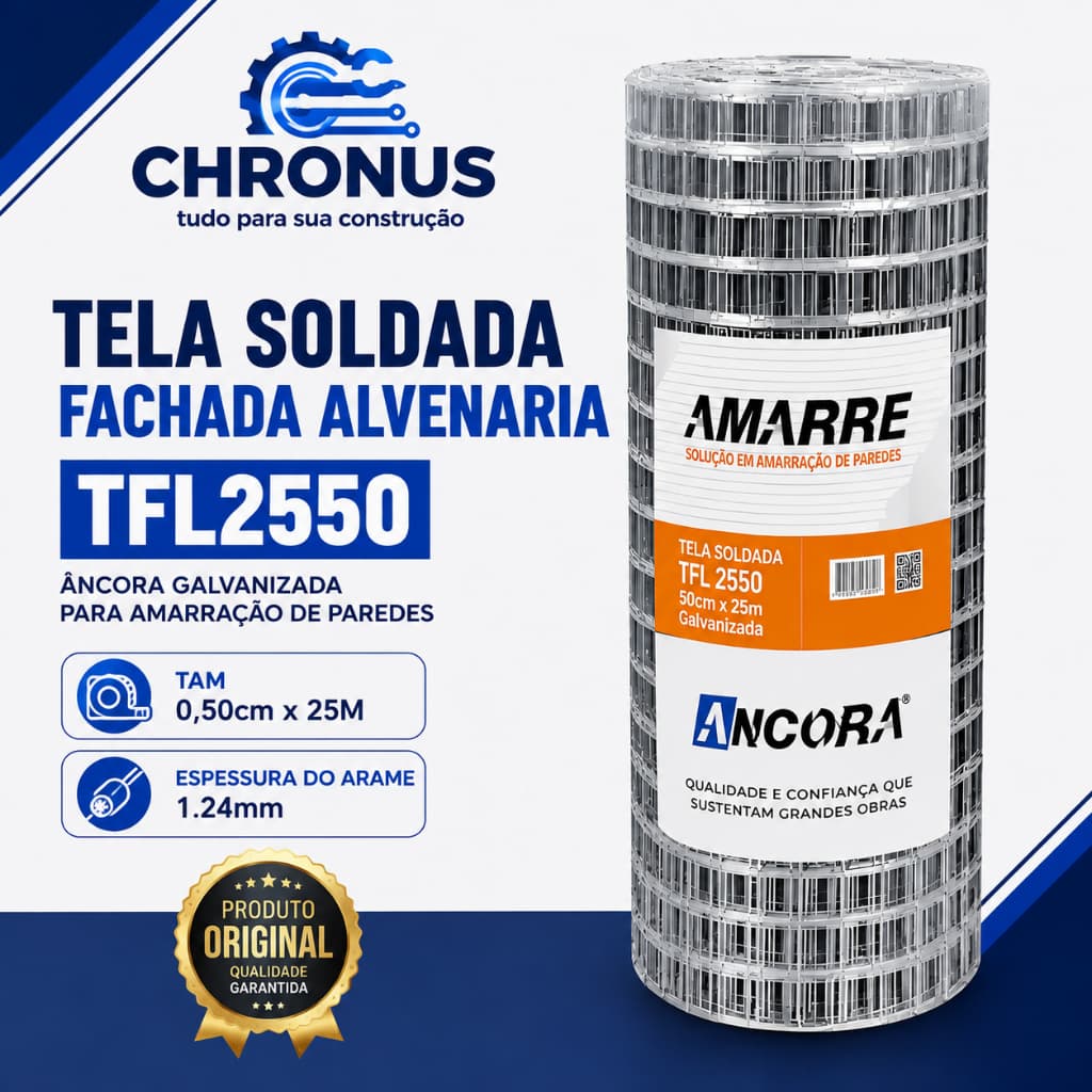 Tela Soldada Fachada Alvenaria TFL2550 50cm x 25m Âncora Galvanizada Para Amarração de Paredes