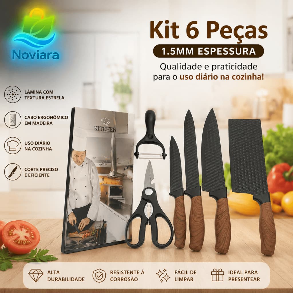 Kit de Facas de Cozinha 6 Peças com Tesoura e Descascador Lâminas Pretas Texturizadas Cabo Amadeirado