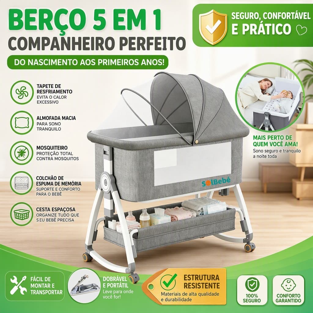 Berço Portátil Moises Co-bed Com Balanço Mosquiteiro e Cesto Regulagem De Altura