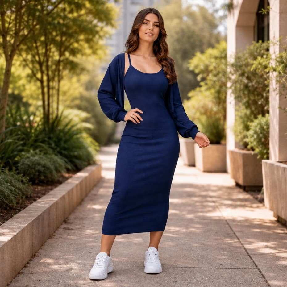 Conjunto Vestido Alça Fina Midi Canelado C Casaco Cardigan Feminino Longo Moda Evangélica Blogueira