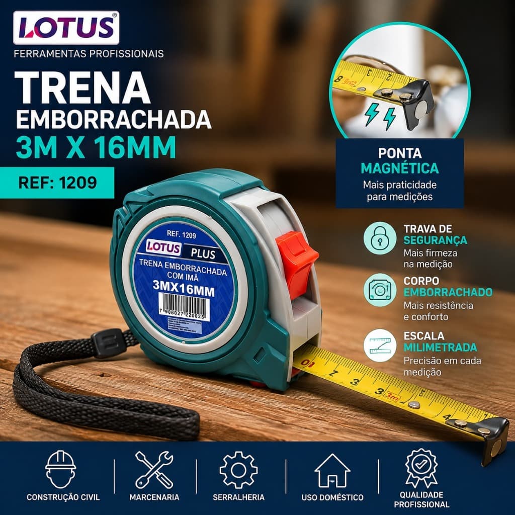 Trena Emborrachada com Trava de Segurança | 3 Metros x 16 mm | PONTA MAGNÉTICA | 1209 |
