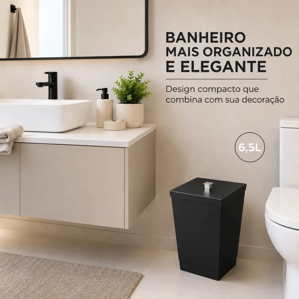 Lixeira com Tampa 6,5 Litros para Banheiro Cozinha Multiuso Compacta Preta e Branca