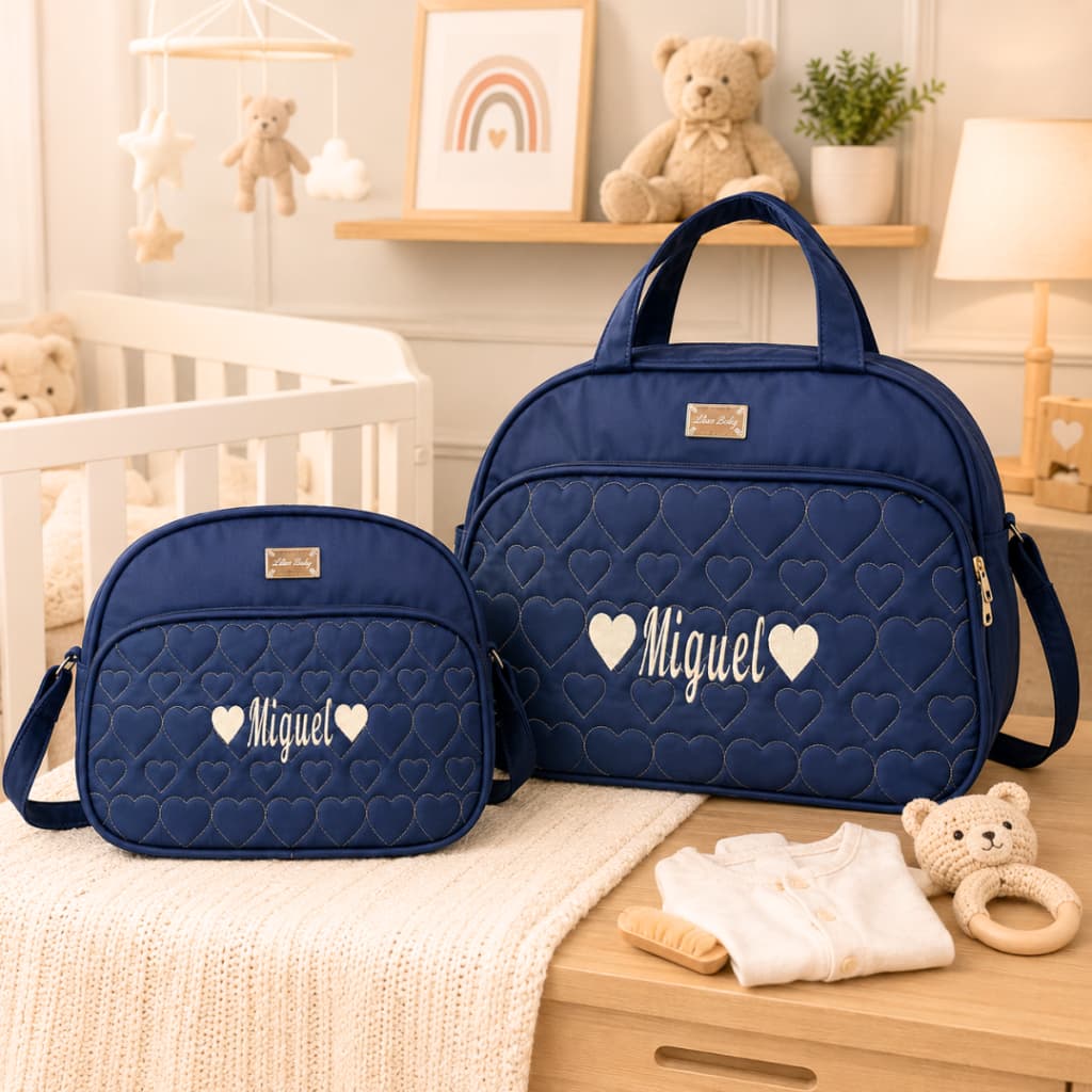 Kit Bolsa Maternidade Personalizada 2 Peças Luxo Bordada Nome do Bebê Azul Marinho