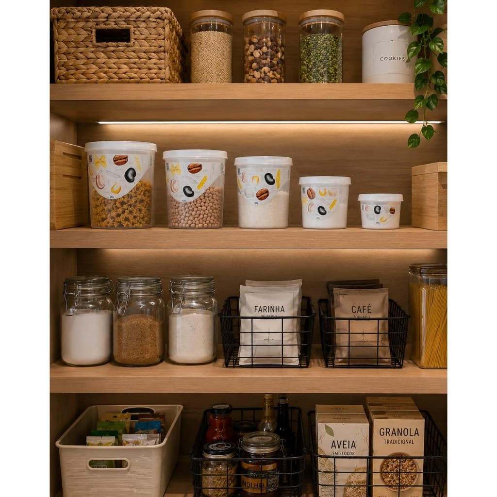 Kit 5 Potes de Mantimentos de Plástico Redondo Decorado Porta Alimentos de Cozinha Branco