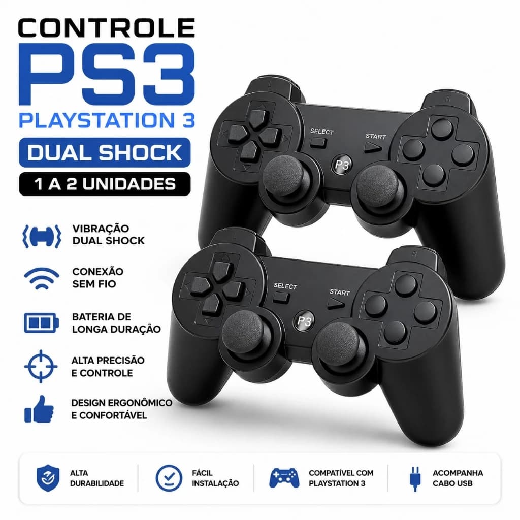 Controle Ps3 Playstation 3 Sem Fio Wireless Dual Shock Joystick + Cabo (1 ou 2 Unidades)