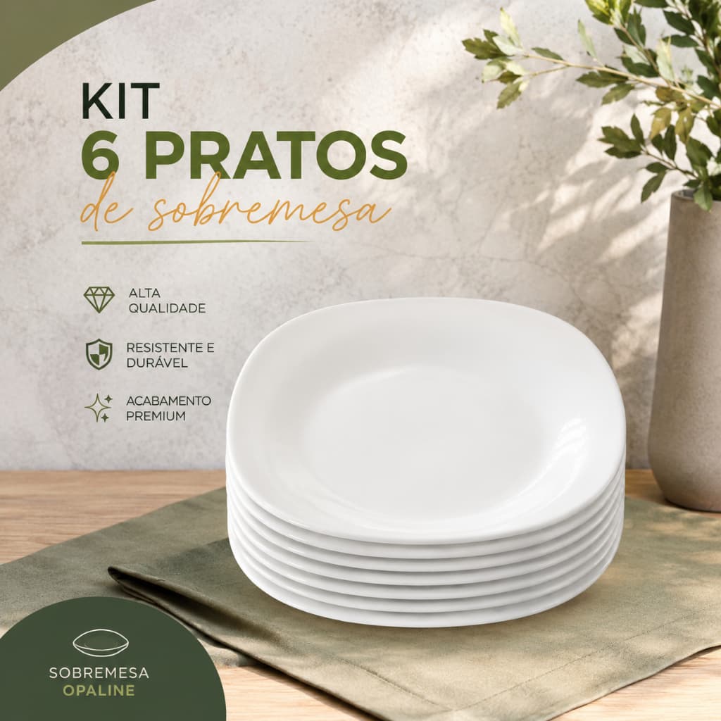 Conjunto 6 Pratos de Sobremesa Opaline Quadrado Liso Branco Resistente Restaurante Mesa Posta 21cm