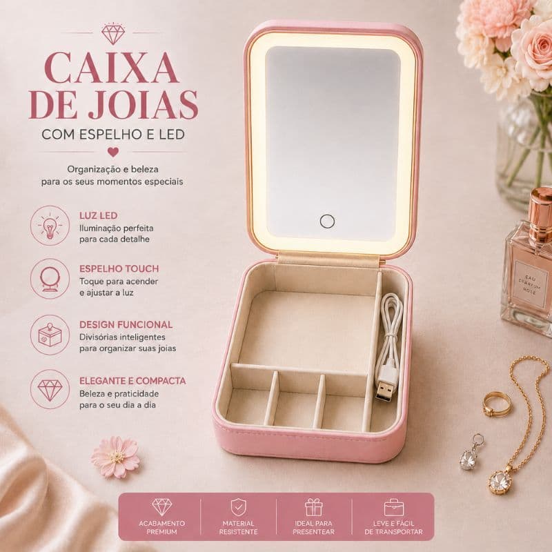 Caixa Porta Joias Luxo com Espelho LED USB Recarregável Organizador de Bijuterias 4 Divisórias