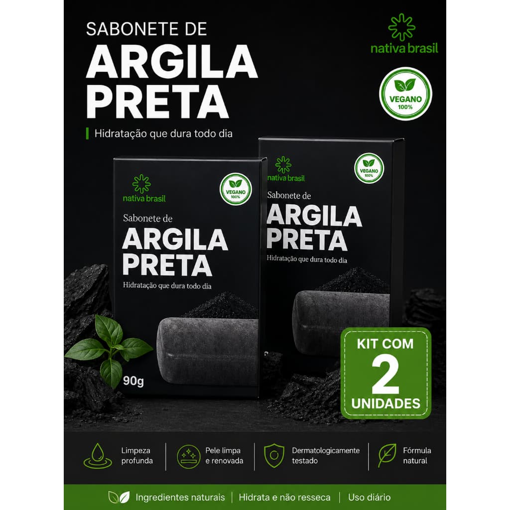 Kit 2 Sabonetes Argila Preta Nativa Brasil 90g – Limpeza Detox e Ação Rejuvenescedora