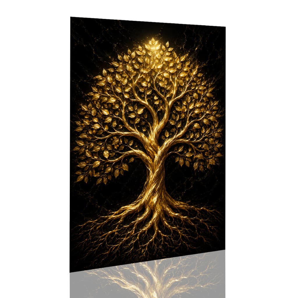 Quadro Decorativo Árvore da Vida Dourada Luxo Fundo Preto Sala Quarto