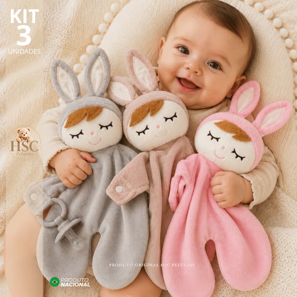 KIT 3 NANINHAS l PANINHO DE APEGO NANAR CHEIRINHO BICHINHO COM PORTA CHUPETA COELHO l HSC