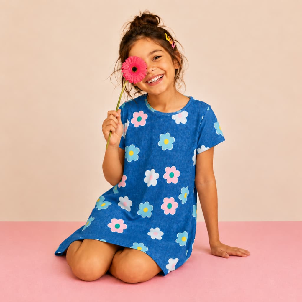 Vestido Infantil Menina Manga Curta Borboleta Estampa Floral Azul Decote Redondo