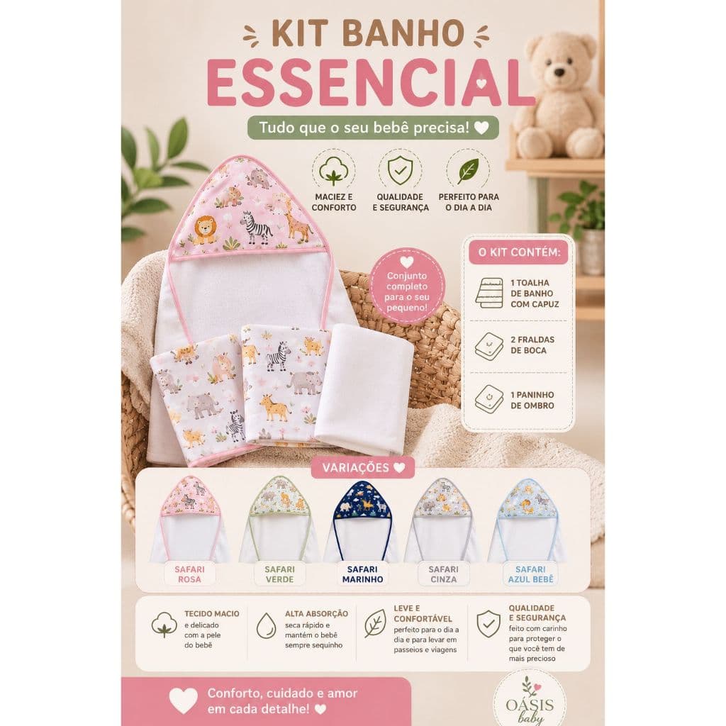 Kit Essencial 4 peças 1 Toalha de Banho com Capuz + 2 Fraldas de Boca + 1 Paninho de Ombro | Para Recém-Nascido