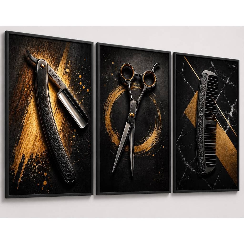 Kit Quadros Decorativos Barbearia Luxo Navalha Tesoura Pente Preto e Dourado com Moldura
