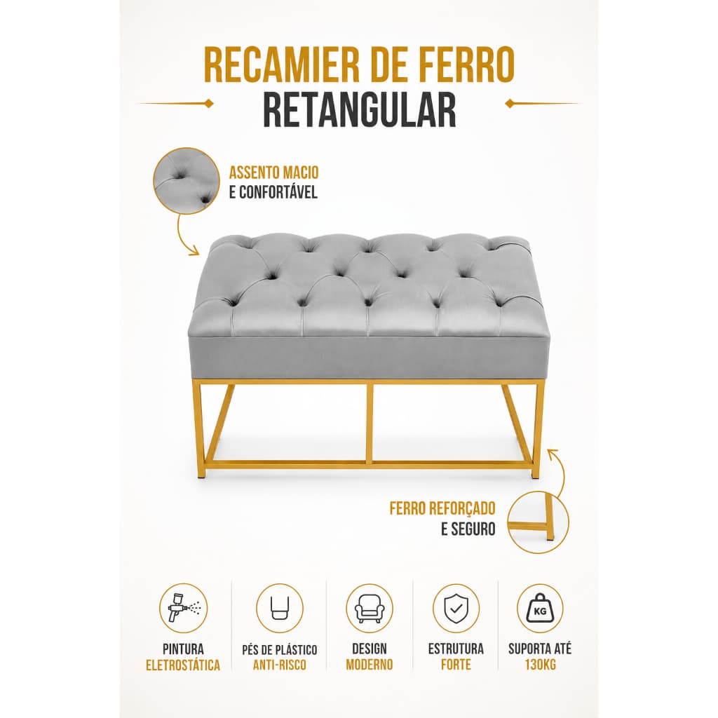 Puff Banco Estofado Recamier Retangular Tecido Veludo Premium 80cm de comprimento